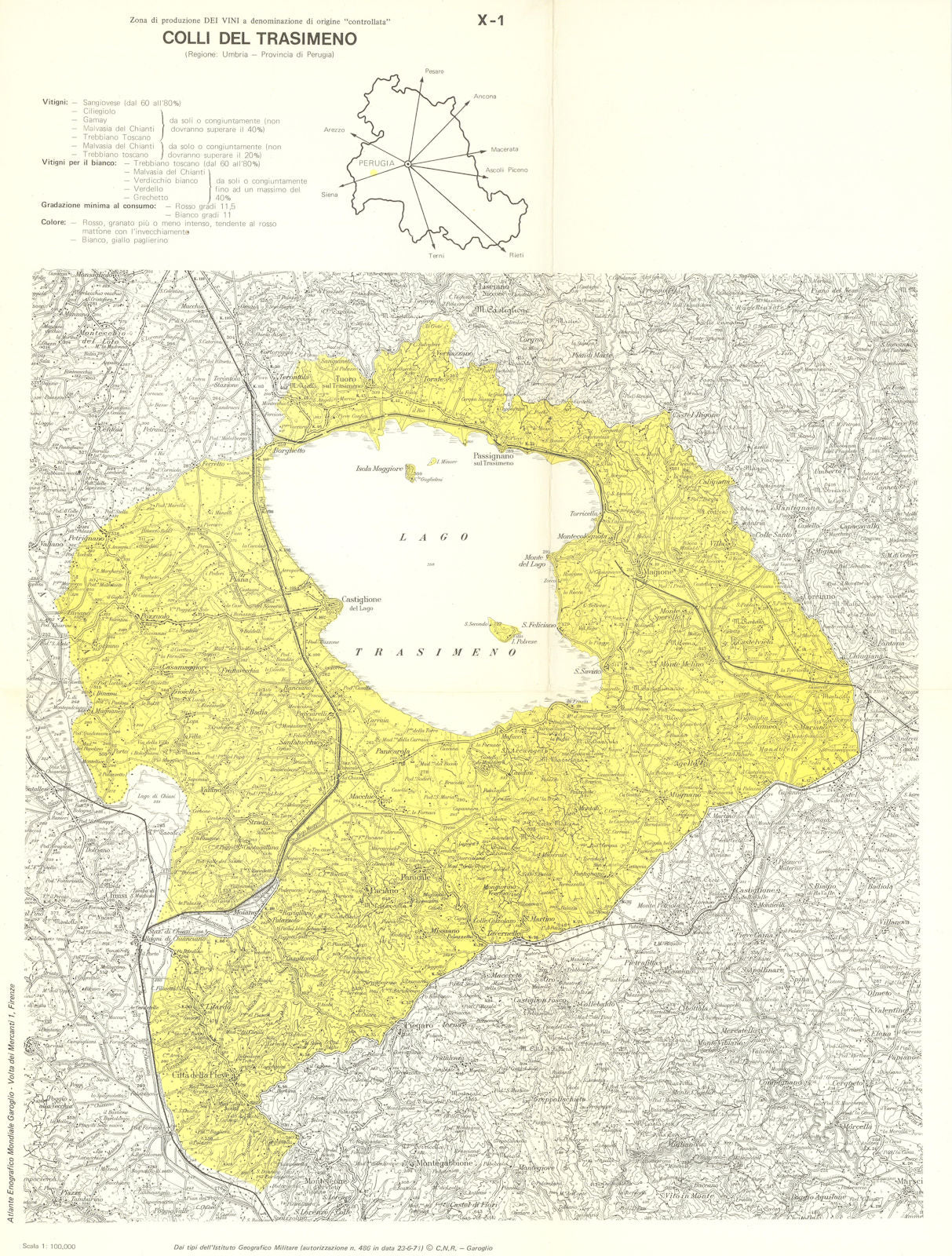Italy wine. Colli del Trasimeno DOC. Umbria. Perugia 1976 old vintage map
